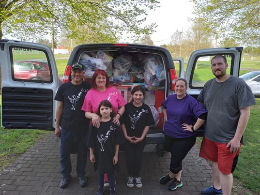 Photo: Angels and Dragonflies Owner, Sherry, with her family and JBF Poconos Owners, Ashley & Kyle. Spring Sale 2021 Donations.